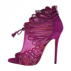 Pre Owned Jimmy Choo Magenta Kafira Mesh and Suede Lace-Up Ankle Boots Size 39.5
