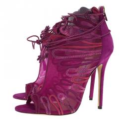 Pre Owned Jimmy Choo Magenta Kafira Mesh and Suede Lace-Up Ankle Boots Size 39.5