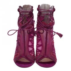 Pre Owned Jimmy Choo Magenta Kafira Mesh and Suede Lace-Up Ankle Boots Size 39.5