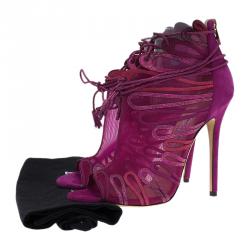 Pre Owned Jimmy Choo Magenta Kafira Mesh and Suede Lace-Up Ankle Boots Size 39.5