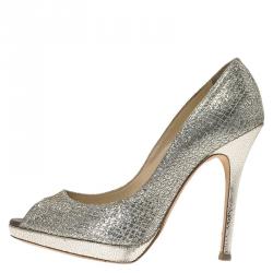 Pre Owned Jimmy Choo Silver Glitter Luna Peep Toe Platform Pumps Size 39.5