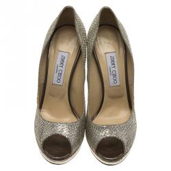 Pre Owned Jimmy Choo Silver Glitter Luna Peep Toe Platform Pumps Size 39.5