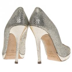 Pre Owned Jimmy Choo Silver Glitter Luna Peep Toe Platform Pumps Size 39.5