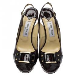 Pre Owned Jimmy Choo Burgundy Patent Buckle Detail Slingback Sandals Size 39.5