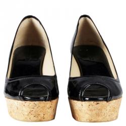 Pre Owned Jimmy Choo Black Patent Parley Cork Wedge Pumps Size 36