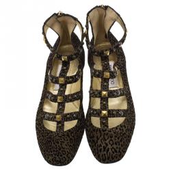 Pre Owned حذاء فلات جيمي تشو والتون غلادياتور سويدي مرصع نقشة فهد بني مقاس 38.5