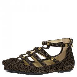 Pre Owned حذاء فلات جيمي تشو والتو ن غلادياتور سويدي مرصع نقشة فهد بني مقاس 38.5