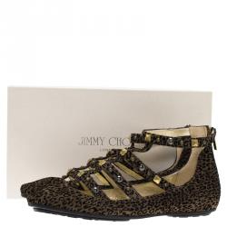 Pre Owned حذاء فلات جيمي تشو والتون غلادياتور سويدي مرصع نقشة فهد بني مقاس 38.5