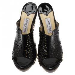 Pre Owned Jimmy Choo Black Patent Laser Cut Leather Wooden Slides Size 39.5