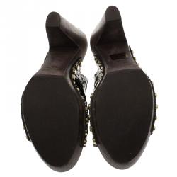 Pre Owned Jimmy Choo Black Patent Laser Cut Leather Wooden Slides Size 39.5