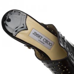 Pre Owned Jimmy Choo Black Patent Laser Cut Leather Wooden Slides Size 39.5