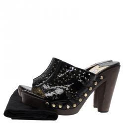 Pre Owned Jimmy Choo Black Patent Laser Cut Leather Wooden Slides Size 39.5