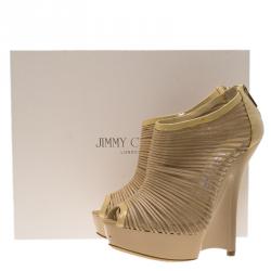 مملوكة مسبقًا Jimmy Choo Beige Patent and Mesh Ellie Platform Wedge Ankle Boots Size 37
