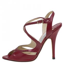 Pre Owned Jimmy Choo Red Leather and Python Criss Cross Strap Sandals Size 35.5