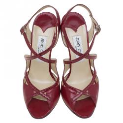 Pre Owned Jimmy Choo Red Leather and Python Criss Cross Strap Sandals Size 35.5