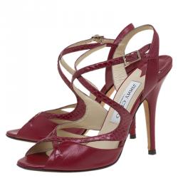 Pre Owned Jimmy Choo Red Leather and Python Criss Cross Strap Sandals Size 35.5