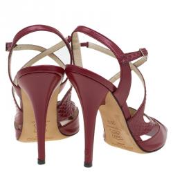 Pre Owned Jimmy Choo Red Leather and Python Criss Cross Strap Sandals Size 35.5