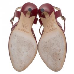 Pre Owned Jimmy Choo Red Leather and Python Criss Cross Strap Sandals Size 35.5