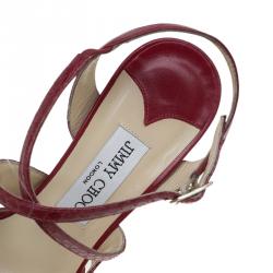 Pre Owned Jimmy Choo Red Leather and Python Criss Cross Strap Sandals Size 35.5