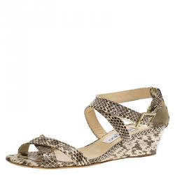Pre Owned Jimmy Choo Beige Python Connor Wedge Sandals Size 37.5