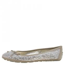 Pre Owned Jimmy Choo Beige Crystal Embellished Suede Weber Ballet Flats Size 37.5