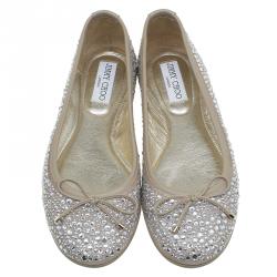Pre Owned Jimmy Choo Beige Crystal Embellished Suede Weber Ballet Flats Size 37.5