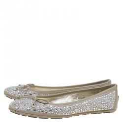 Pre Owned Jimmy Choo Beige Crystal Embellished Suede Weber Ballet Flats Size 37.5