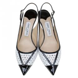 Pre Owned Jimmy Choo Black Patent and White Studded Leather Dutch Slingback Sandals Size 40