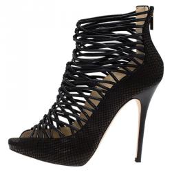 Pre Owned Jimmy Choo Black Snakeskin Embossed Quito Open Toe Ankle Boots Size 41