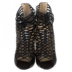 Pre Owned Jimmy Choo Black Snakeskin Embossed Quito Open Toe Ankle Boots Size 41