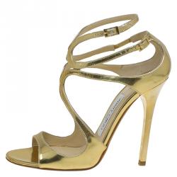 مملوكة مسبقًا Jimmy Choo Gold Mirror Leather Lance Strappy Sandals Size 36.5