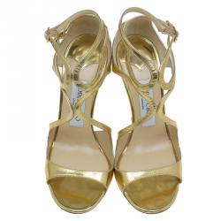 مملوكة مسبقًا Jimmy Choo Gold Mirror Leather Lance Strappy Sandals Size 36.5