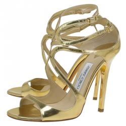 مملوكة مسبقًا Jimmy Choo Gold Mirror Leather Lance Strappy Sandals Size 36.5