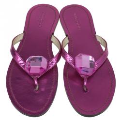 Pre Owned Jimmy Choo Metallic Pink Gem Embellished Flat Sandals Size 37.5