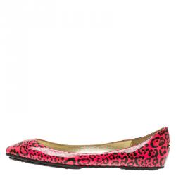 Pre Owned Jimmy Choo Florescent Pink Leopard Print Patent Ballet Flats Size 37