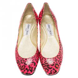Pre Owned Jimmy Choo Florescent Pink Leopard Print Patent Ballet Flats Size 37