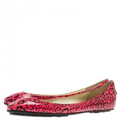 Pre Owned Jimmy Choo Florescent Pink Leopard Print Patent Ballet Flats Size 37