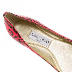 Pre Owned Jimmy Choo Florescent Pink Leopard Print Patent Ballet Flats Size 37