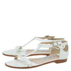 Pre Owned Jimmy Choo White Patent Ankle Strap Flat Sandals Size 36
