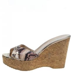 Pre Owned صندل سلايد جيمي تشو بيرفيوم جلد بني نقشة الثعبان كعب روكي فينيل مقاس 39