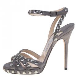 مملوكة مسبقًا صندل بحزام للكاحل جيمي تشو جوني سويدي رصاصي ميتاليك مرصع بالكريستالات مقاس 38