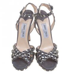 مملوكة مسبقًا صندل بحزام للكاحل جيمي تشو جوني سويدي رصاصي ميتاليك مرصع بالكريستالات مقاس 38