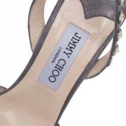 مملوكة مسبقًا صندل بحزام للكاحل جيمي تشو جوني سويدي رصاصي ميتاليك مرصع بالكريستالات مقاس 38