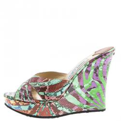 Pre Owned Jimmy Choo Multicolor Printed Canvas Wedge Slides Size 38