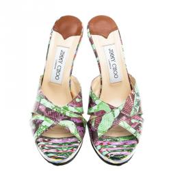 Pre Owned Jimmy Choo Multicolor Printed Canvas Wedge Slides Size 38