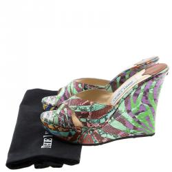 Pre Owned Jimmy Choo Multicolor Printed Canvas Wedge Slides Size 38