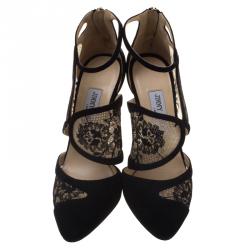 Pre Owned Jimmy Choo Black Suede and Lace Fyber Ankle Strap Pumps Size 39