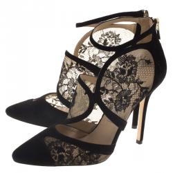 Pre Owned Jimmy Choo Black Suede and Lace Fyber Ankle Strap Pumps Size 39