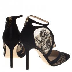 Pre Owned Jimmy Choo Black Suede and Lace Fyber Ankle Strap Pumps Size 39