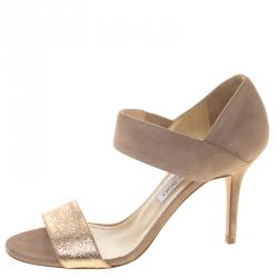 Pre Owned Jimmy Choo Beige Suede and Glitter Tesoro Strap Sandals Size 39